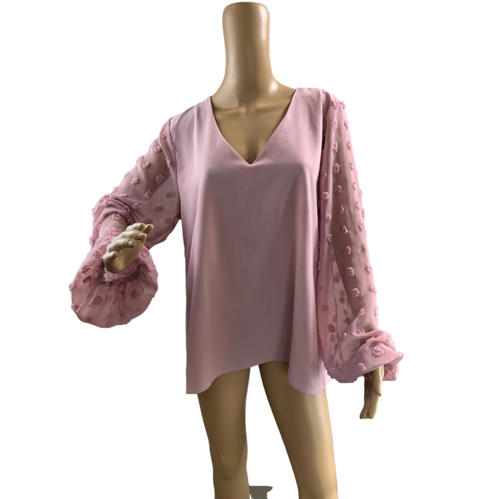 Fashion Collection Pink Blouse with Pom Pom Sleeves V-Neck XL Coquette Girlhood